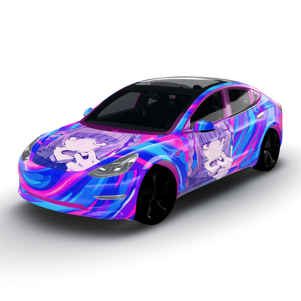 Vibrant, dynamic color palette with bold — a Model 3 wearing this AI wrap design
