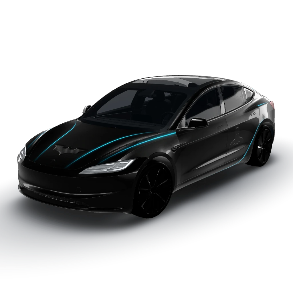 Hyper-minimalist stealth Batman digital car — a Model 3 (2024+) Standard & Premium wearing this AI wrap design