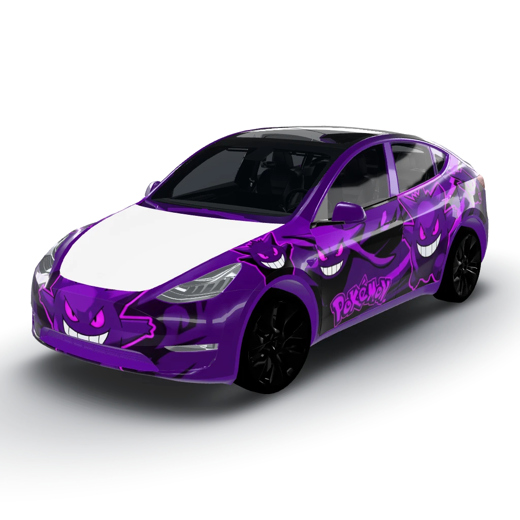 Genger from Pokemon purple and black — a Model Y wearing this AI wrap design