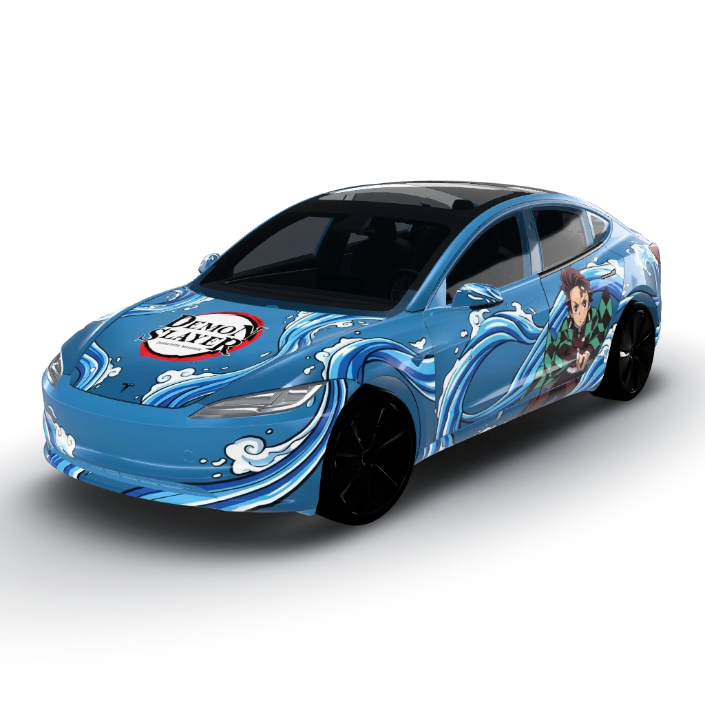 We'll feature a Demon Slayer theme — a Model 3 (2024+) Standard & Premium wearing this AI wrap design