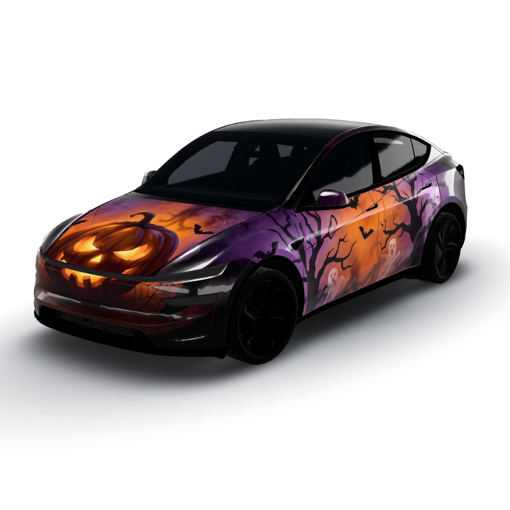 Color palette is a mix of deep blacks — a Model Y (2025+) Premium wearing this AI wrap design