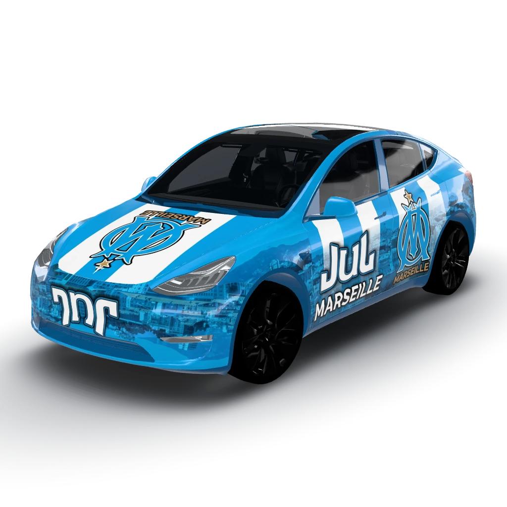 Olympique de Marseille and Marseille city — a Model Y wearing this AI wrap design