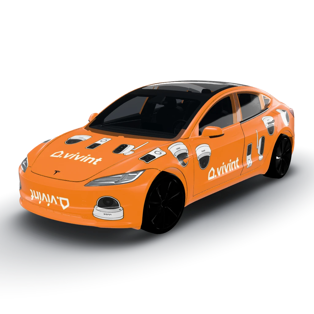 Vivint orange sign — a Model 3 (2024+) Standard & Premium wearing this AI wrap design