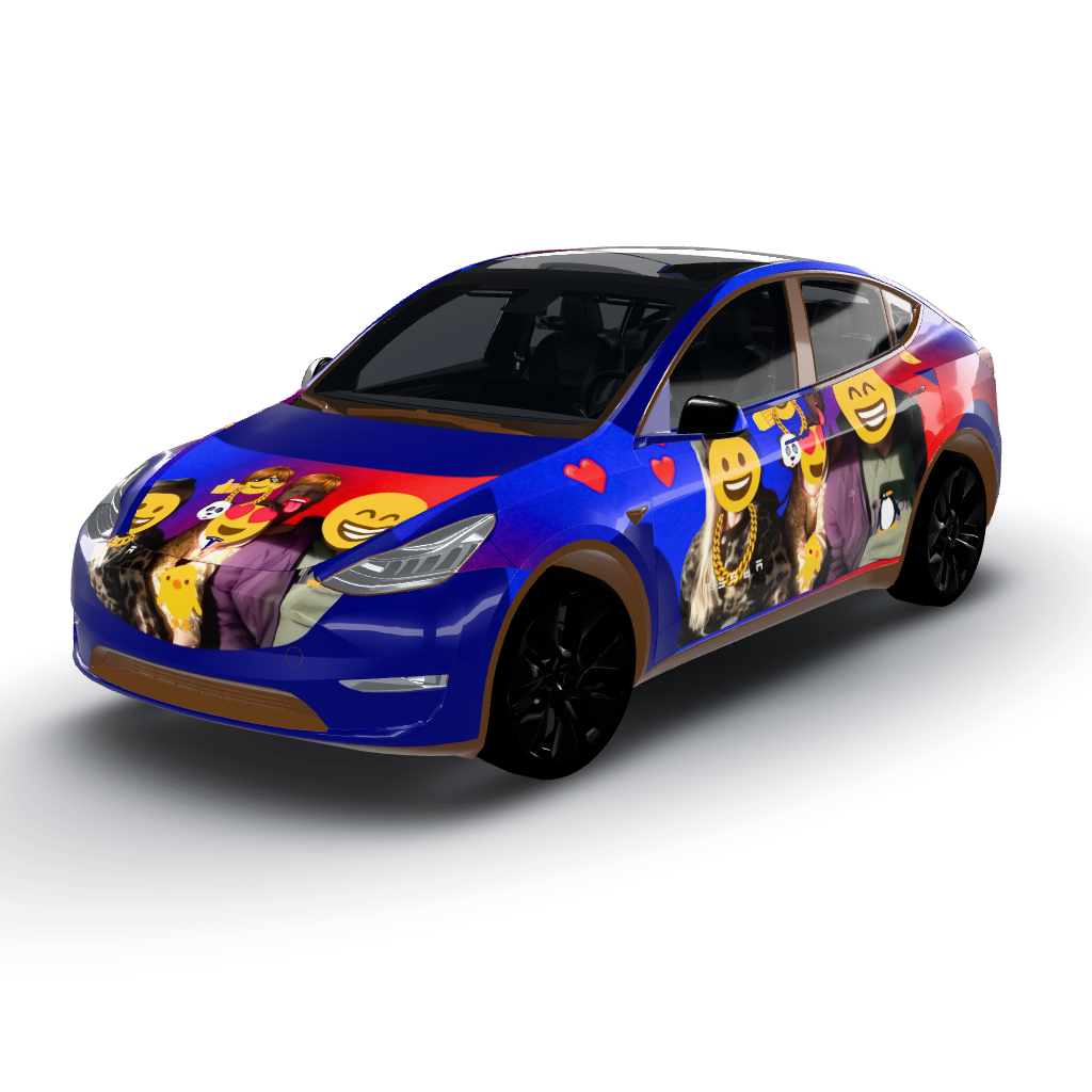 Us features a vibrant color palette of deep — a Model Y wearing this AI wrap design