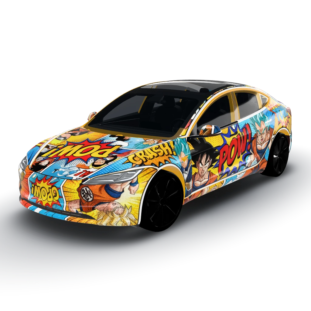 Halftone comic panels with POW and BAM — a Model 3 (2024+) Standard & Premium wearing this AI wrap design
