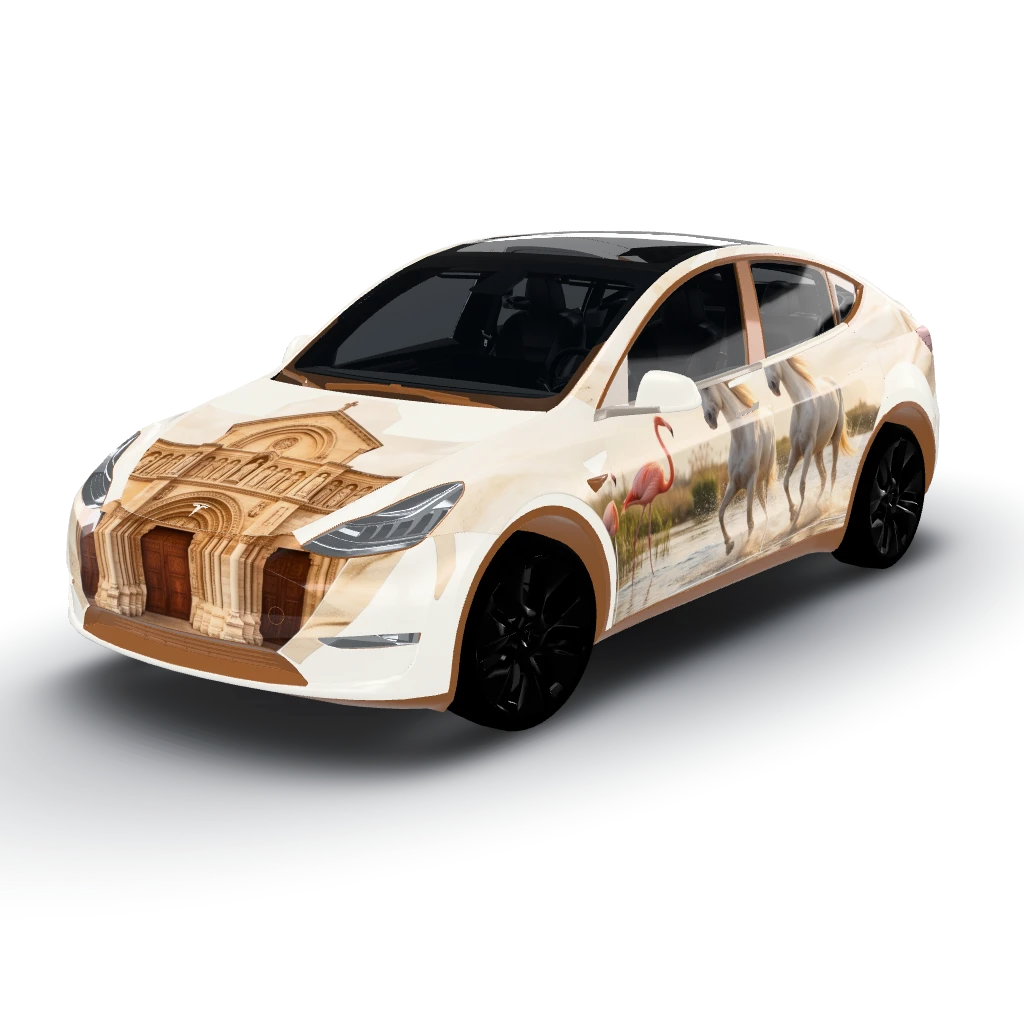 Artwork features a refined and elegant — a Model Y wearing this AI wrap design