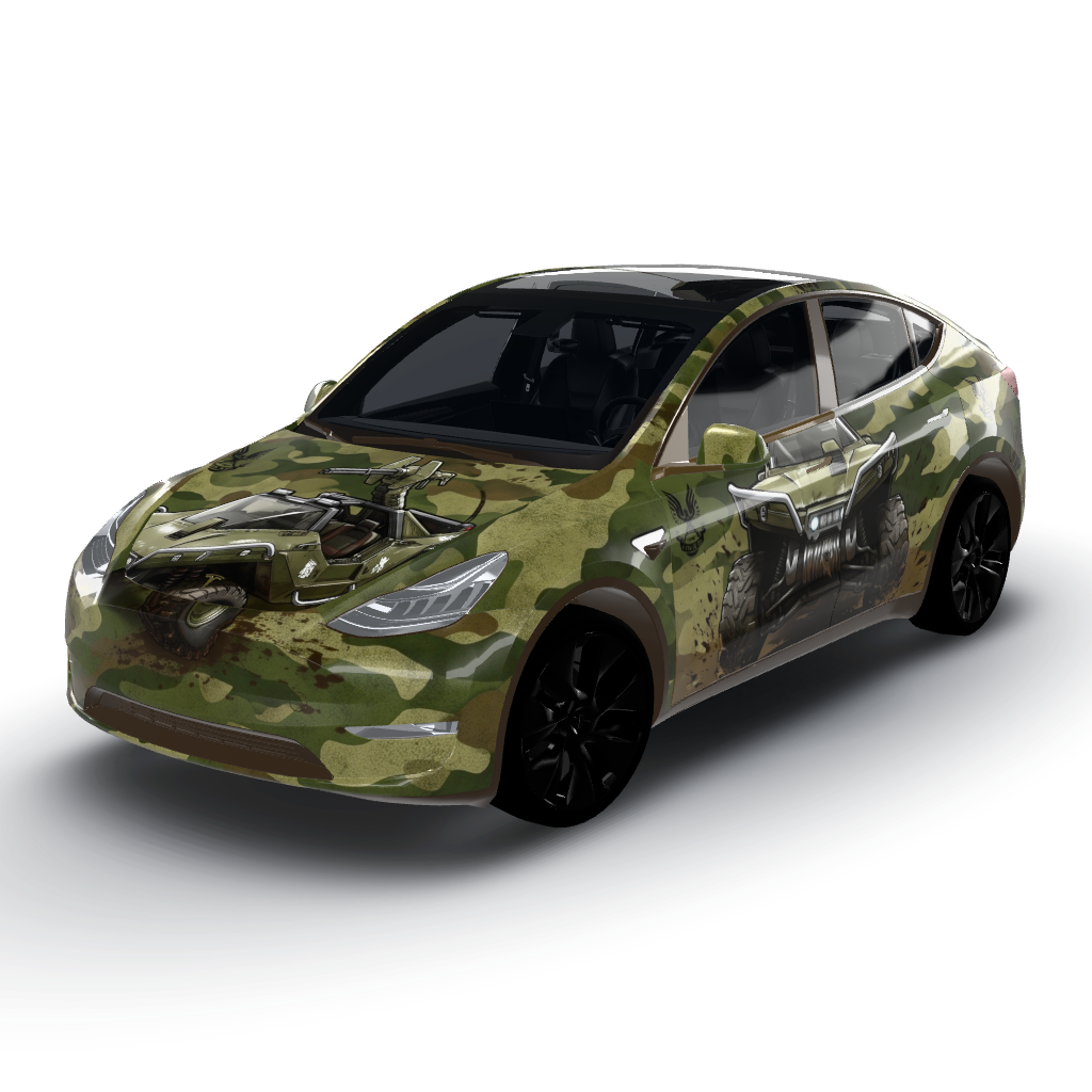 Vibrant color palette dominated by military — a Model Y wearing this AI wrap design