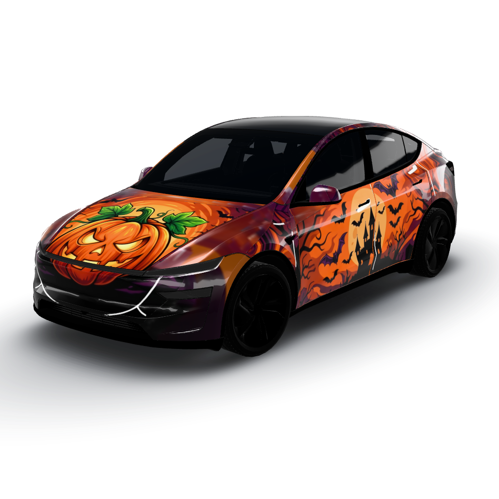Artwork features a vibrant Halloween theme — a Model Y (2025+) Premium wearing this AI wrap design