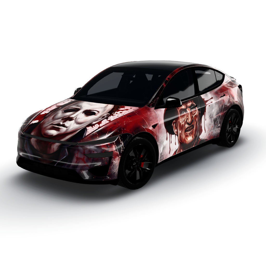 Chilling color palette of deep blacks — a Model Y (2025+) Performance wearing this AI wrap design