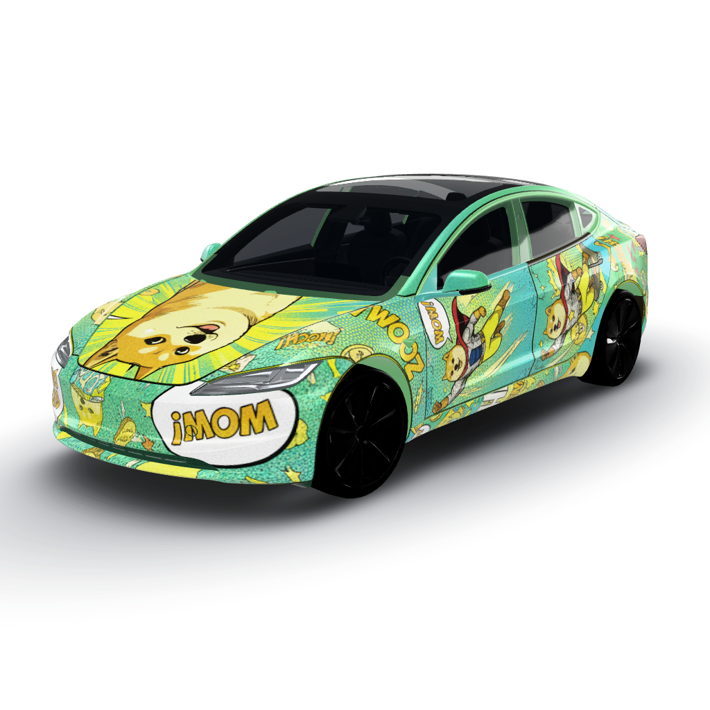 Manga-style comic wrap featuring your doge — a Model 3 (2024+) Standard & Premium wearing this AI wrap design