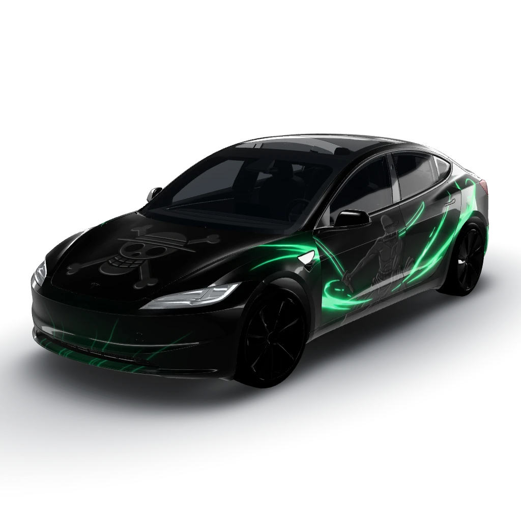 Here's the complete design summary — a Model 3 (2024+) Standard & Premium wearing this AI wrap design