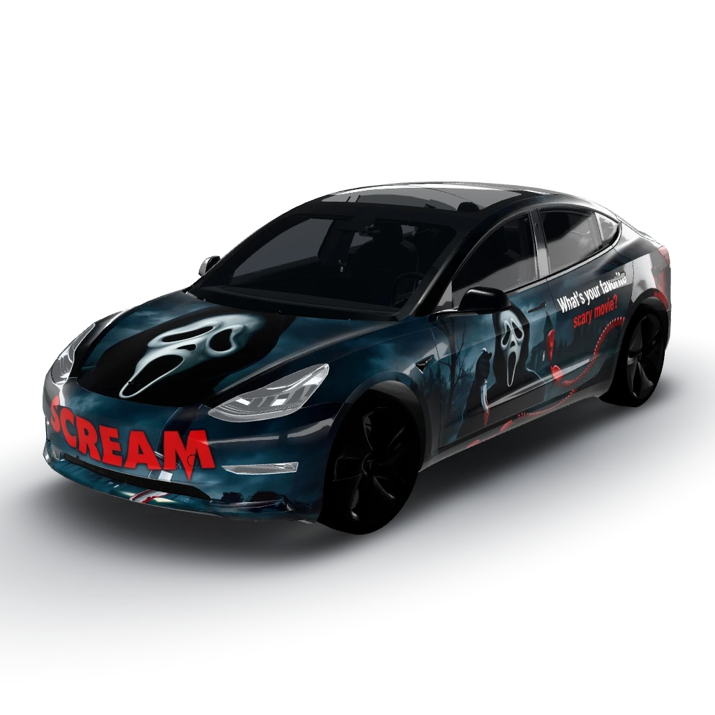 Scream the movie — a Model 3 wearing this AI wrap design