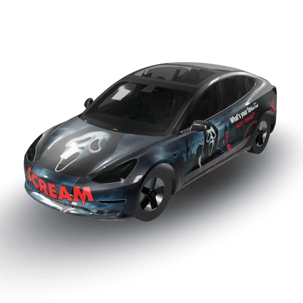 Scream the movie — a Model 3 wearing this AI wrap design