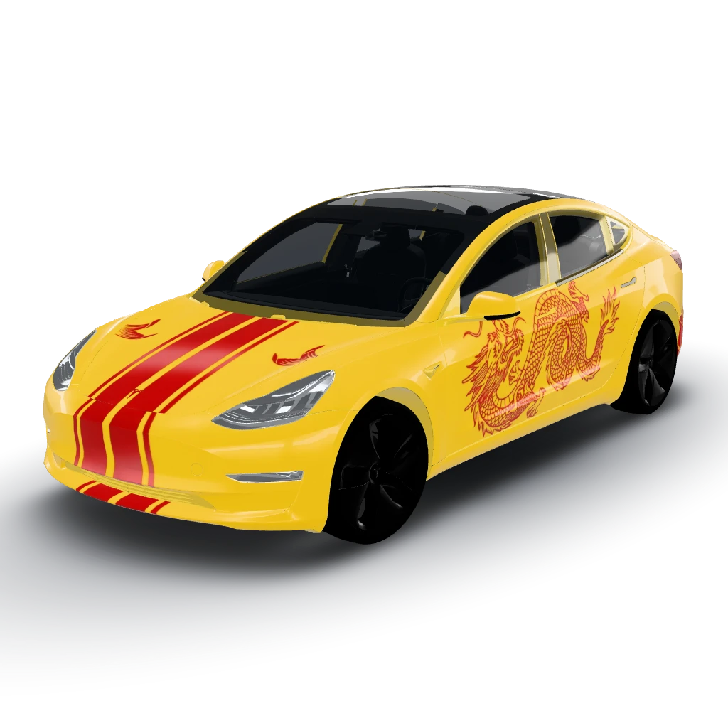 Will have a flat matte yellow body — a Model 3 wearing this AI wrap design