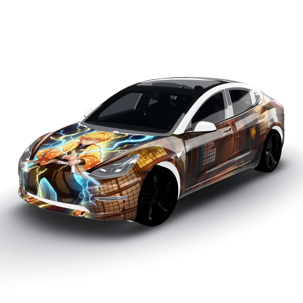 Glossy wrap featuring Zenitsu against — a Model 3 wearing this AI wrap design