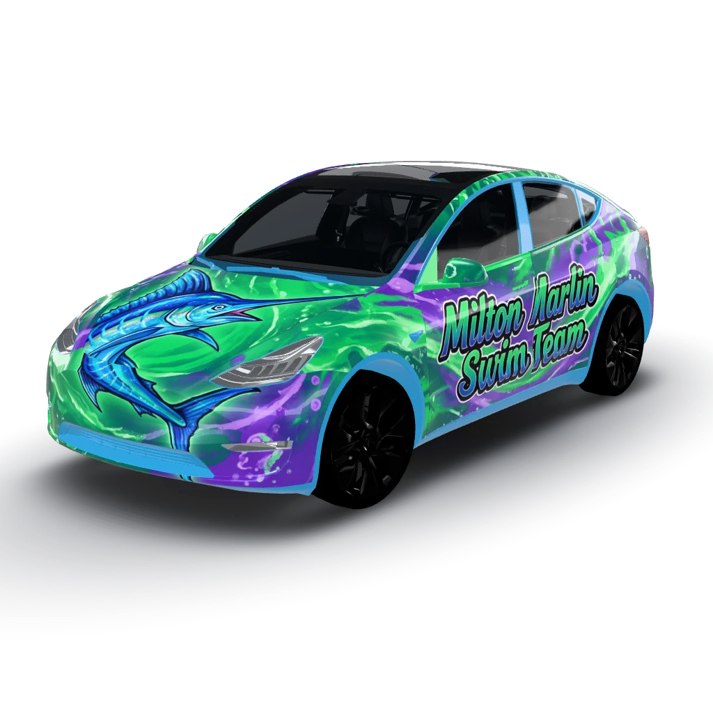 Vibrant design features a base pattern — a Model Y wearing this AI wrap design