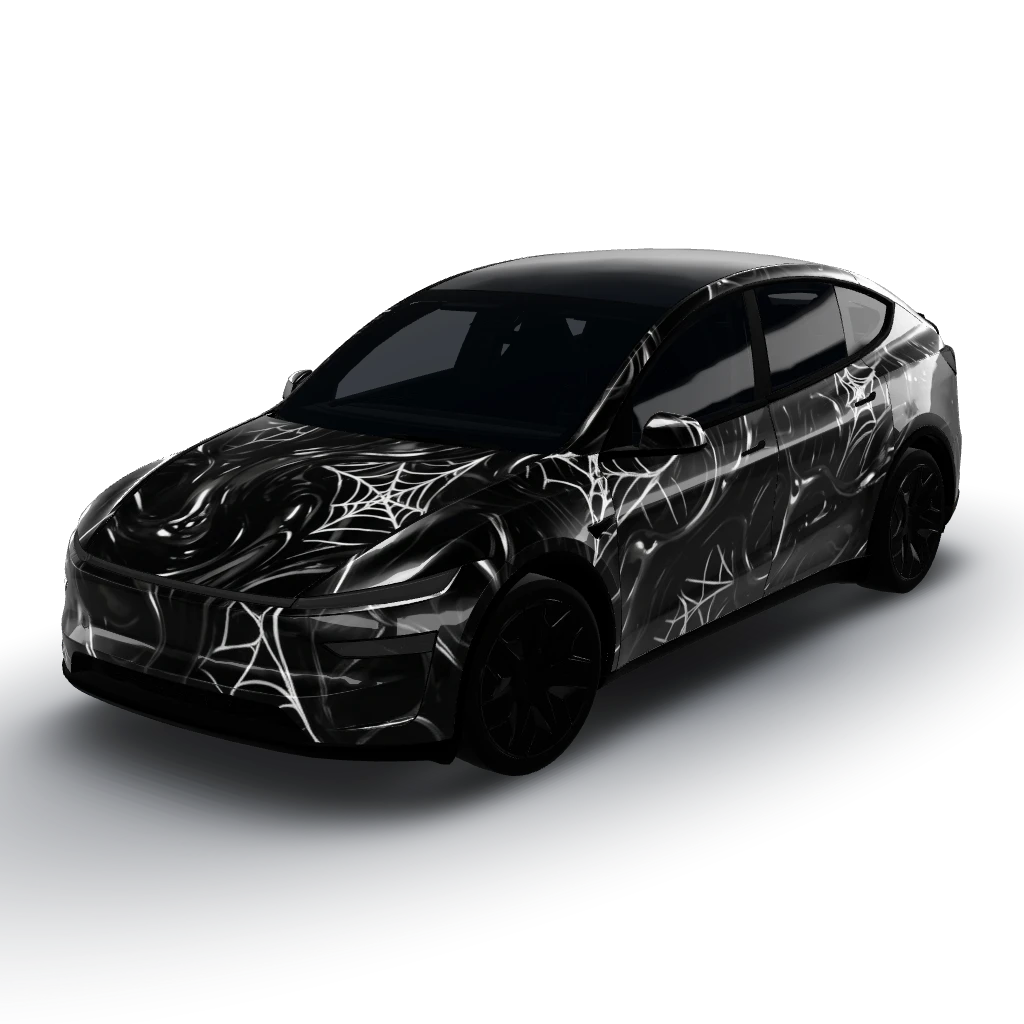 Black liquid symbiote with white webbing — a Model Y L wearing this AI wrap design