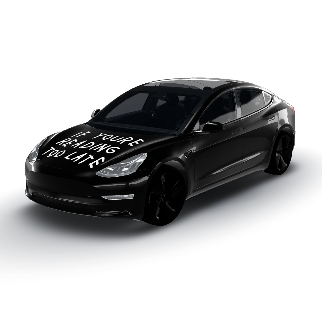 Hood: The hood features the text “IF YOURE — a Model 3 wearing this AI wrap design