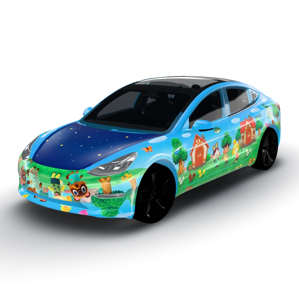 Animal crossing themed with the most — a Model 3 wearing this AI wrap design
