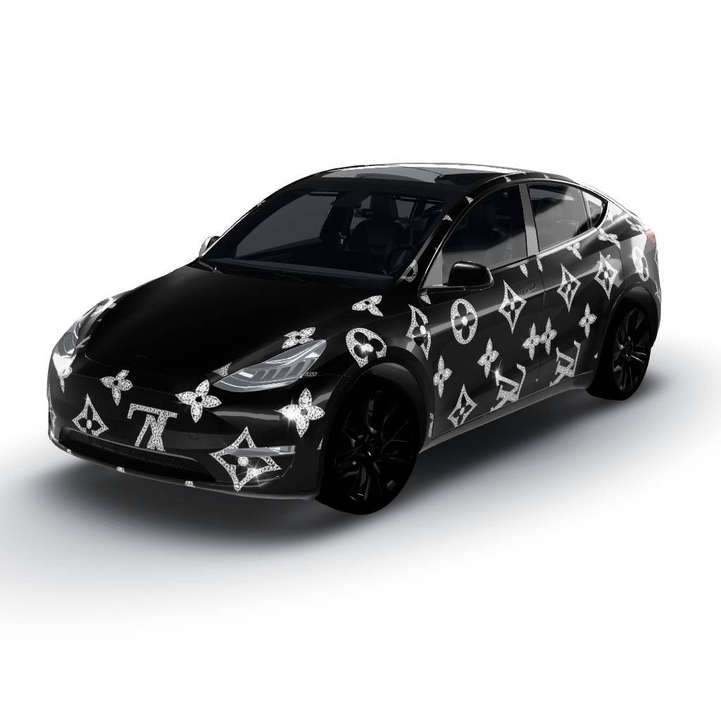 Deep glossy black base with evenly spaced — a Model Y wearing this AI wrap design