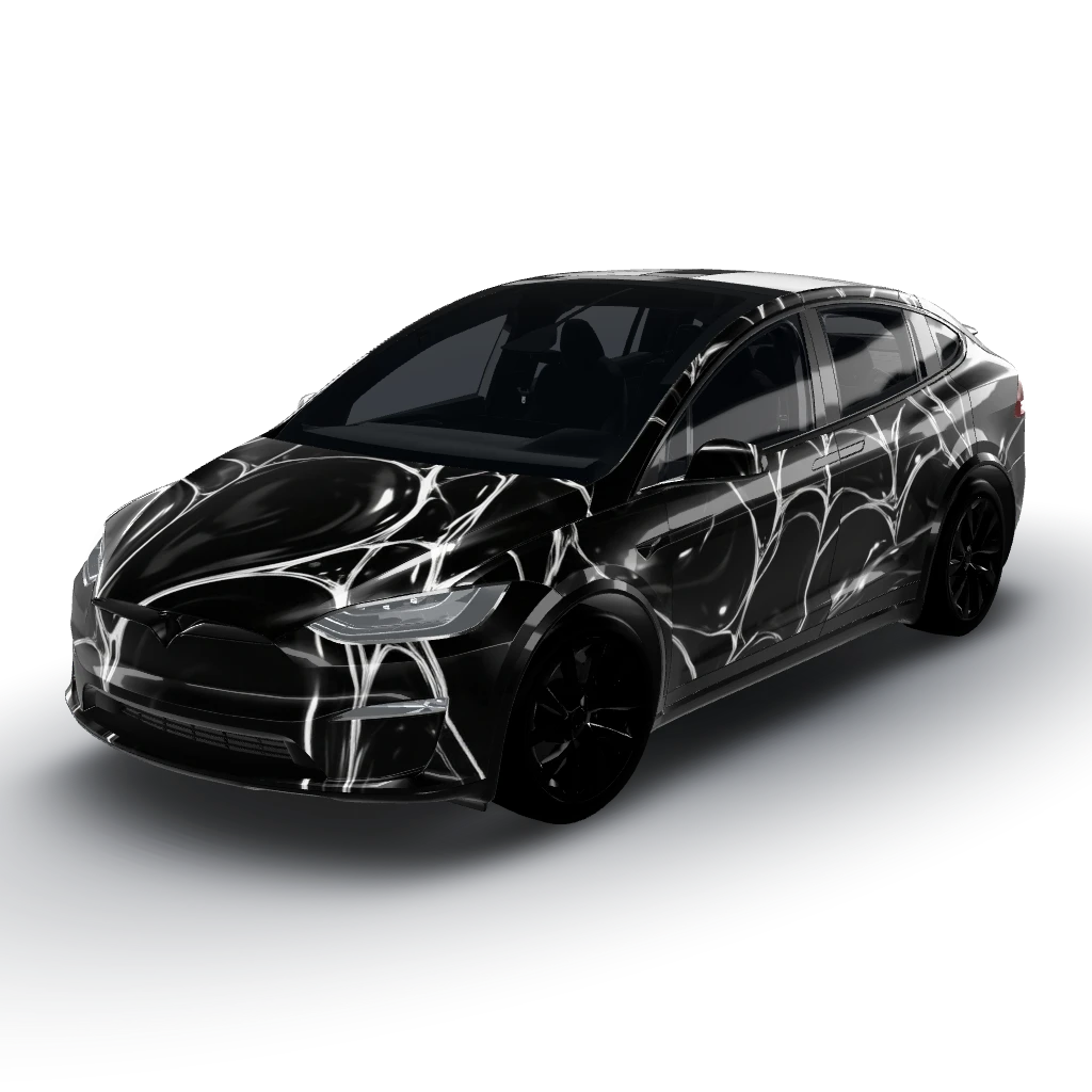 Black liquid symbiote with white webbing — a Model X (2021+) wearing this AI wrap design