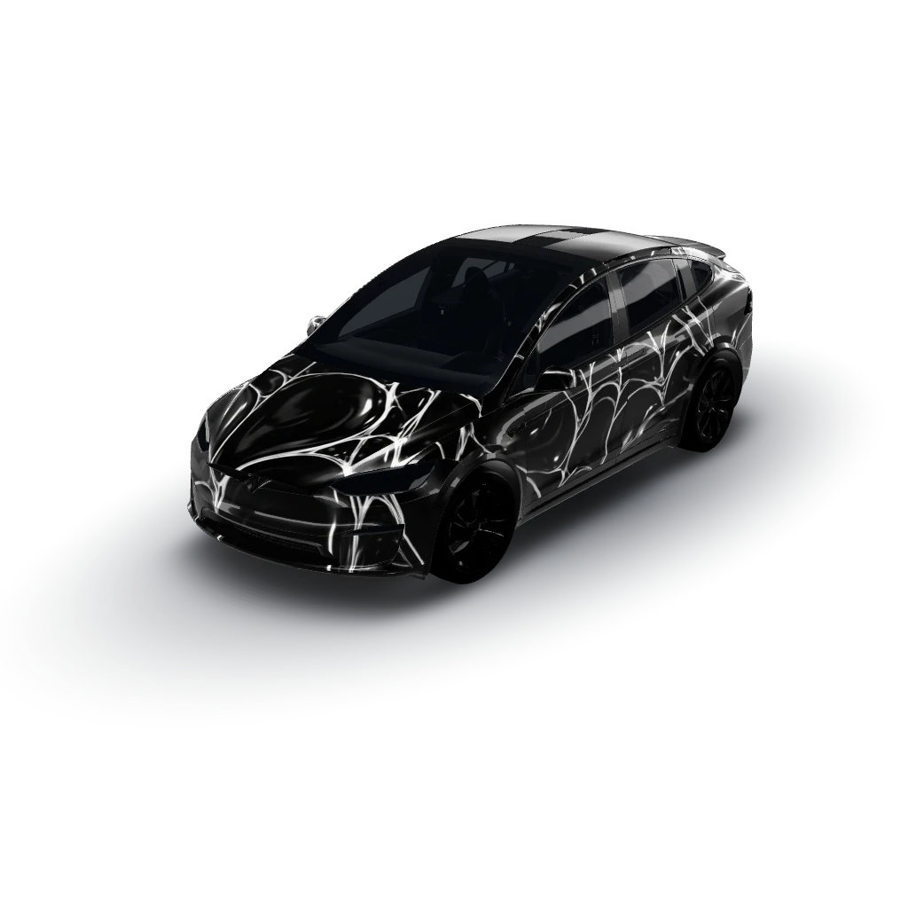 Black liquid symbiote with white webbing — a Model X (2021) wearing this AI wrap design