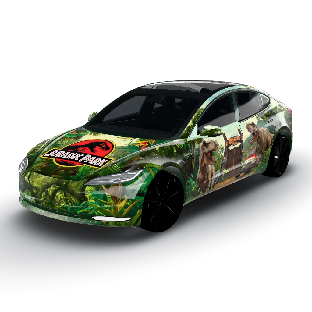 Jurassic park, subtitle, glossy — a Model 3 (2024+) Standard & Premium wearing this AI wrap design