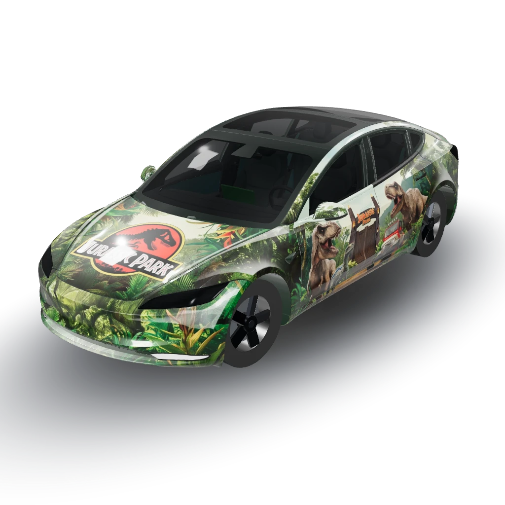 Jurassic park, subtitle, glossy — a Model 3 (2024+ Base) wearing this AI wrap design