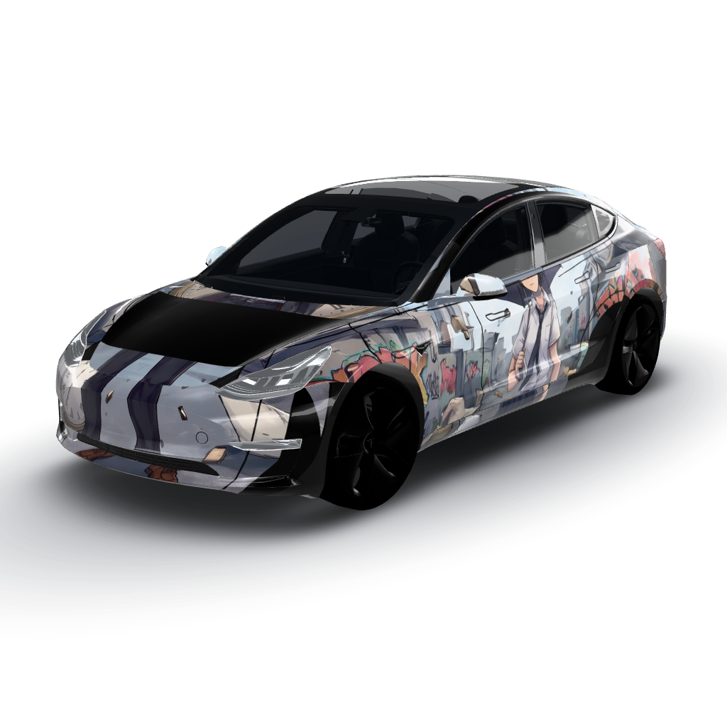 Photo 1 serves as the vibrant backdrop — a Model 3 wearing this AI wrap design