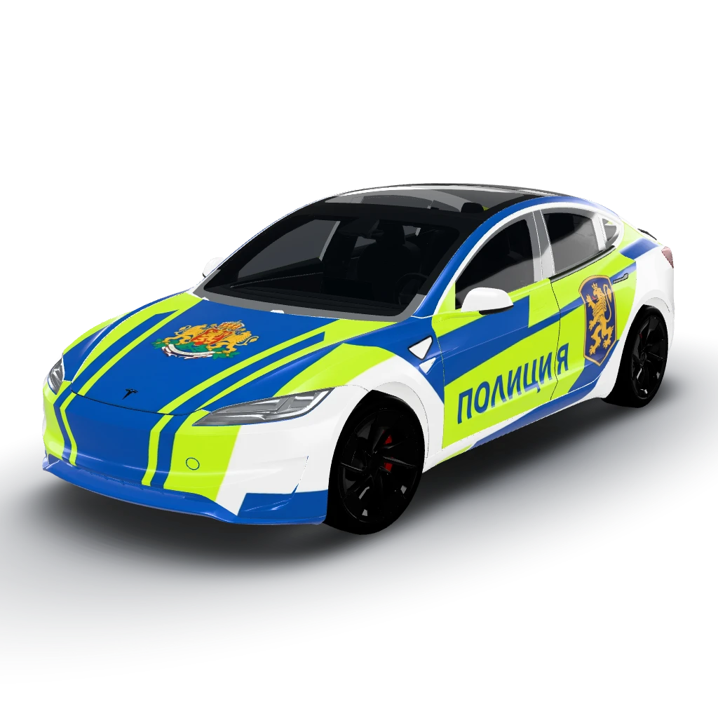 Bulgarian police car style — a Model 3 (2024+) Performance wearing this AI wrap design