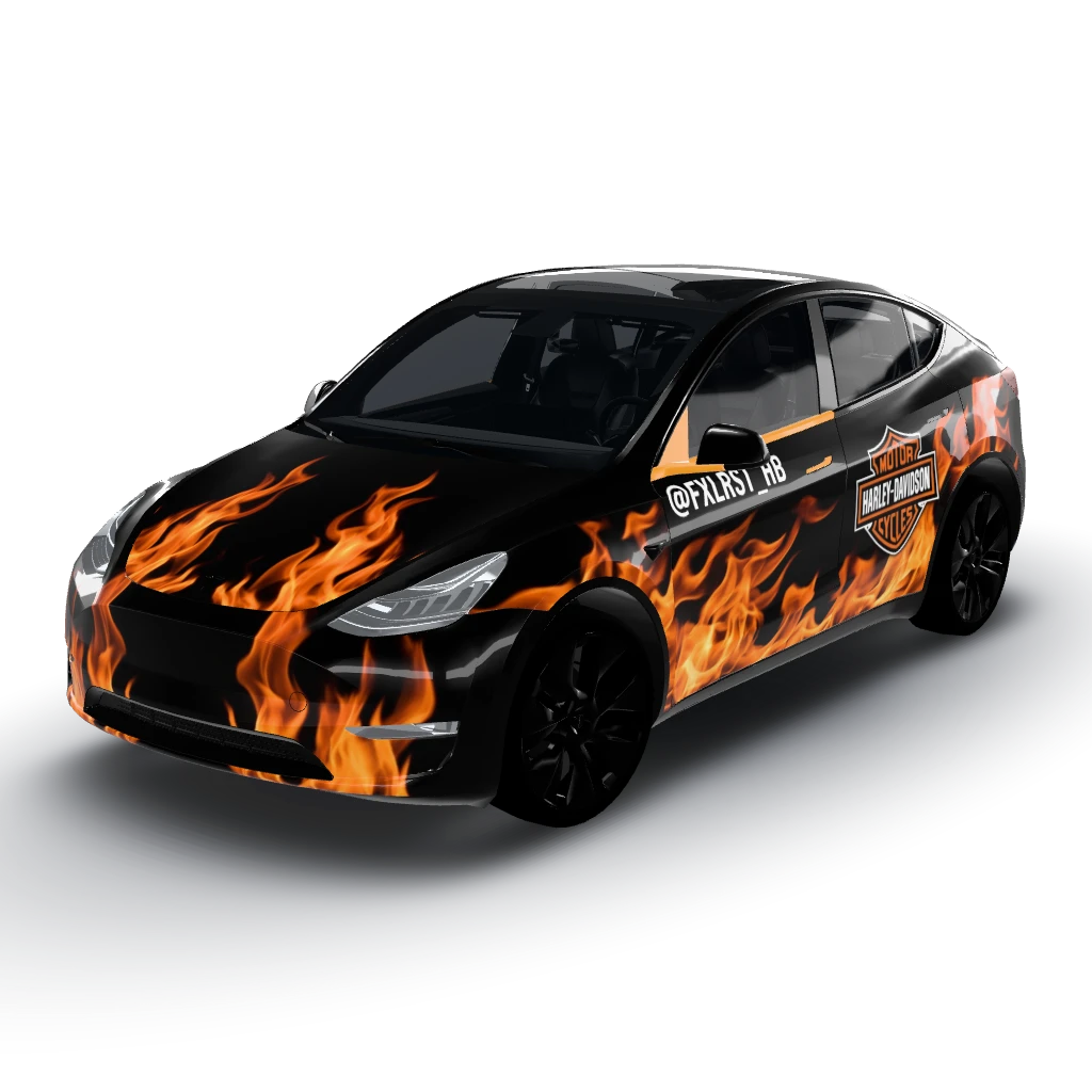 Sharp and aggressive realistic orange — a Model Y wearing this AI wrap design