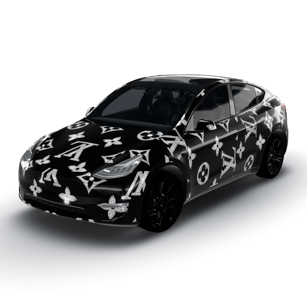 Complete, print-ready vehicle wrap template — a Model Y wearing this AI wrap design