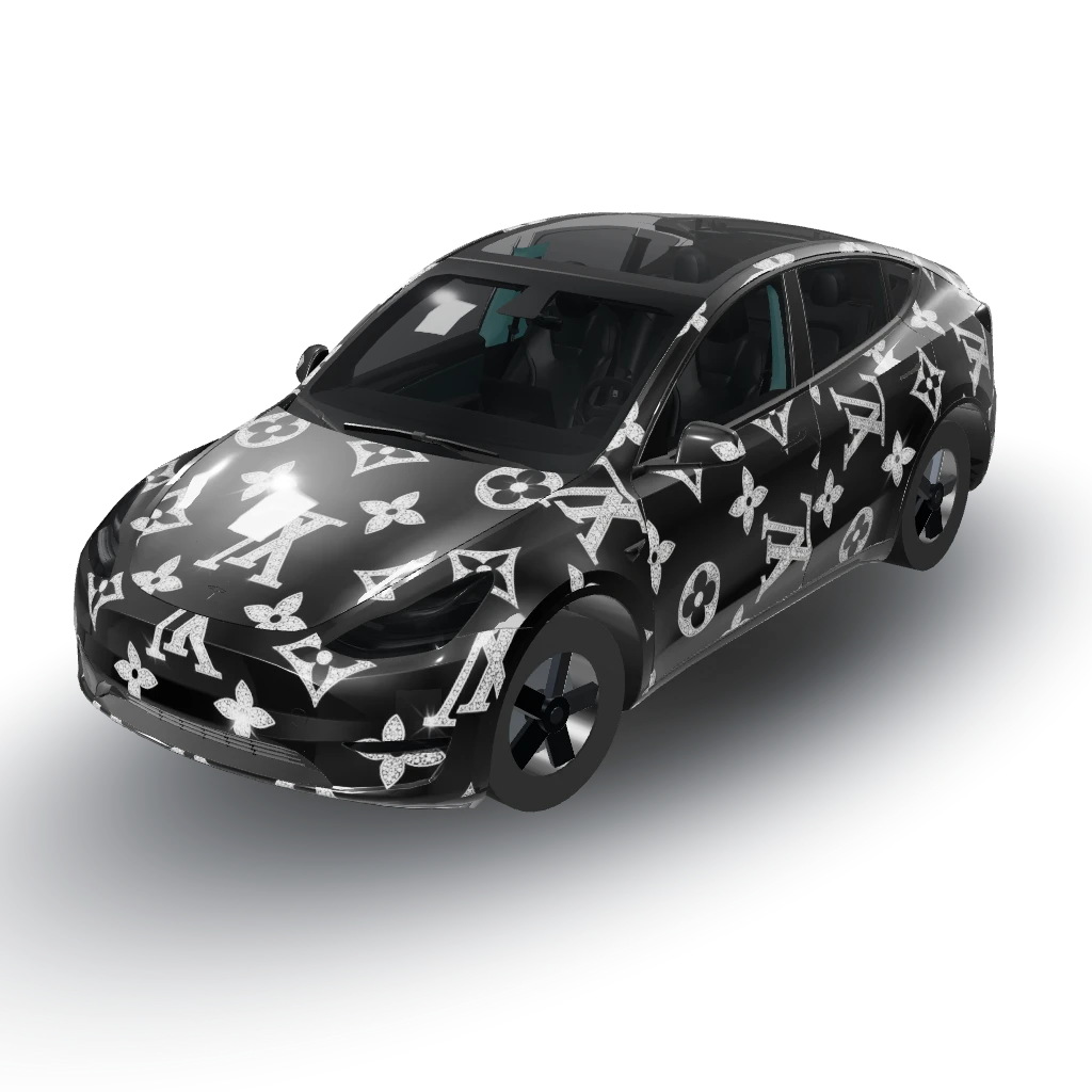 Complete, print-ready vehicle wrap template — a Model Y wearing this AI wrap design