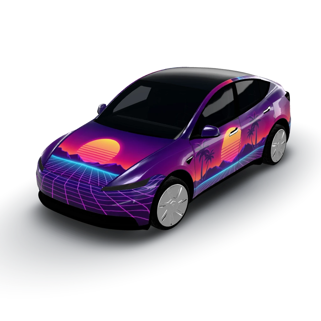 Synthwave sunset horizon — a Model Y (2025+ Base) wearing this AI wrap design