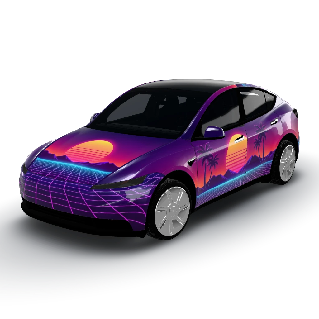 Synthwave sunset horizon — a Model Y (2025+) Standard wearing this AI wrap design