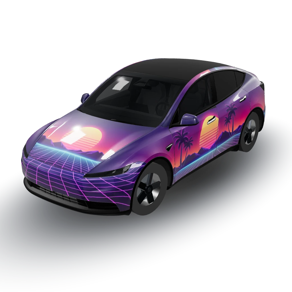 Synthwave sunset horizon — a Model Y (2025+ Base) wearing this AI wrap design