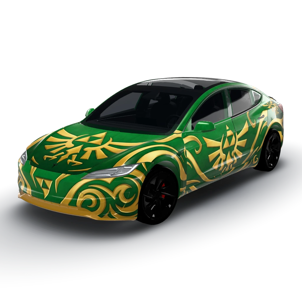 Zelda triforce green & gold — a Model 3 (2024+) Performance wearing this AI wrap design