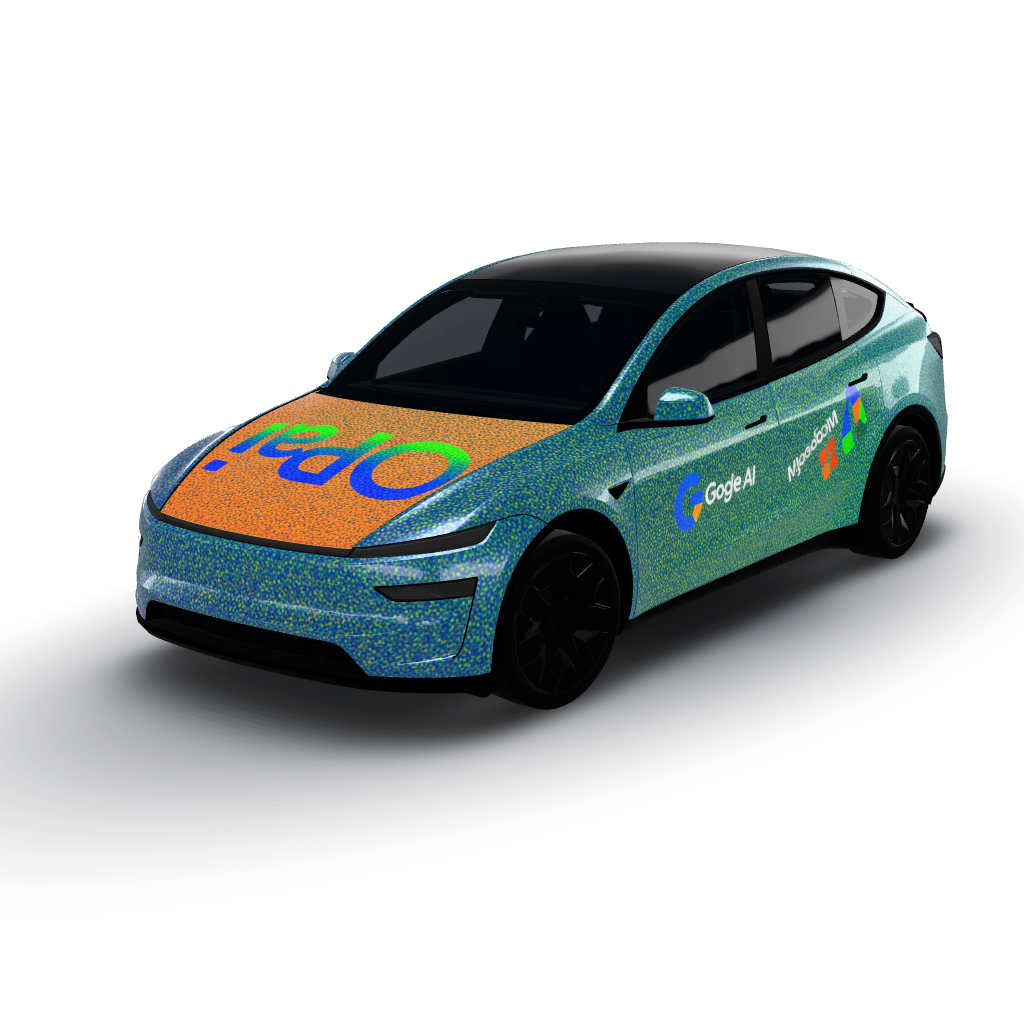 Vibrant color palette of electric blue — a Model Y L wearing this AI wrap design