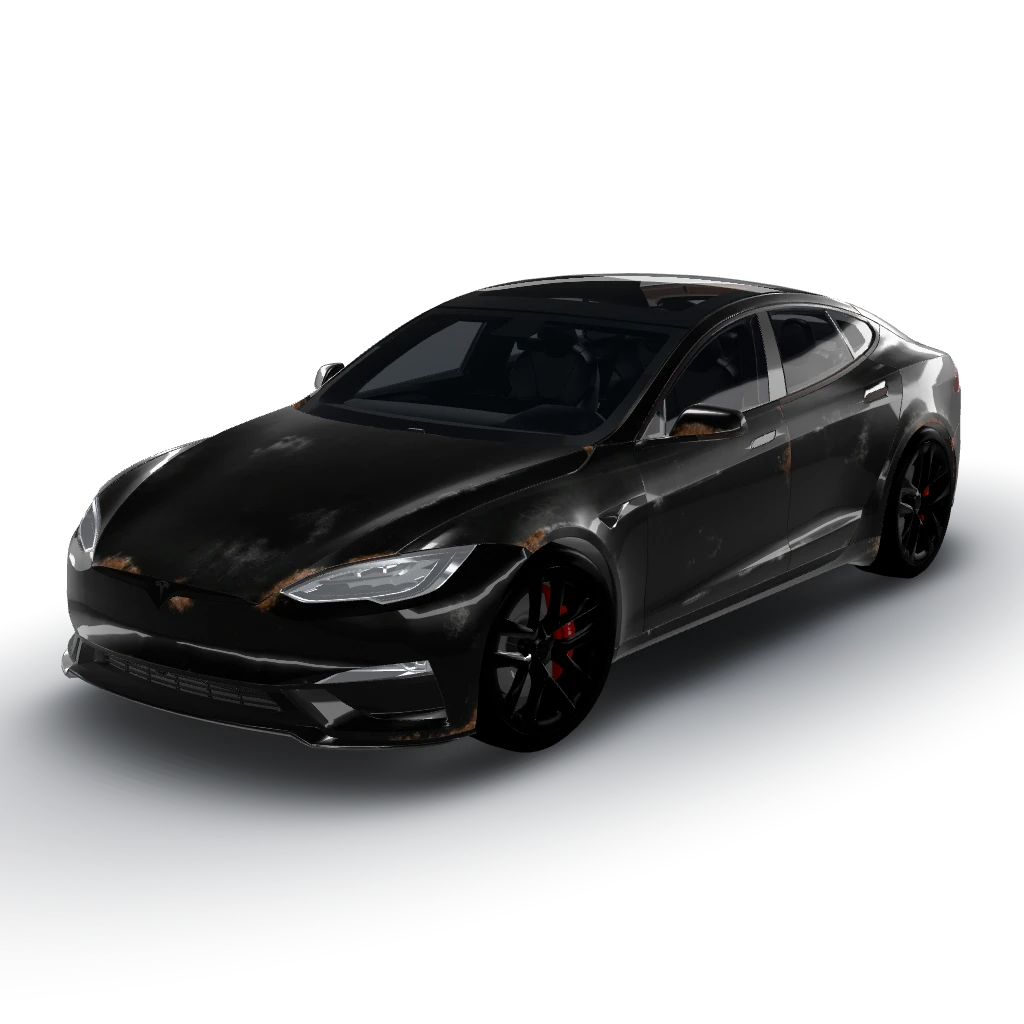 Matte black patina wrap — a Model S Plaid (2025+) wearing this AI wrap design
