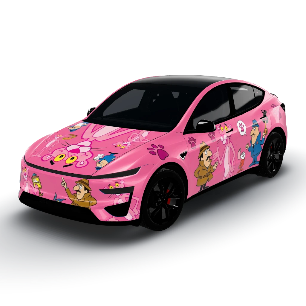 Pink Panther characters evenly spread — a Model Y (2025+) Performance wearing this AI wrap design