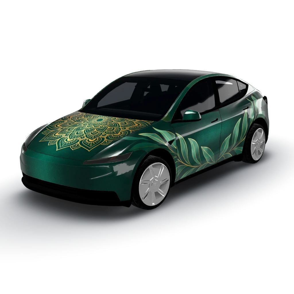 Midnight emerald envelops the entire — a Model Y (2025+) Standard wearing this AI wrap design