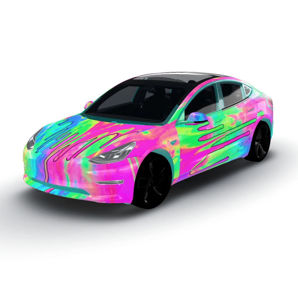 Neon paint dripping creates a vibrant — a Model 3 wearing this AI wrap design