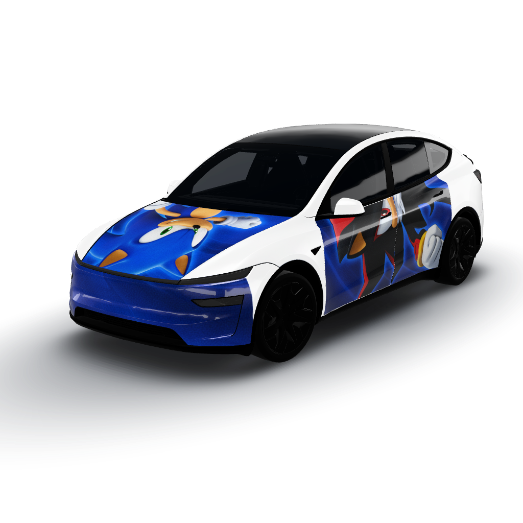 Blue and black color palette — a Model Y L wearing this AI wrap design