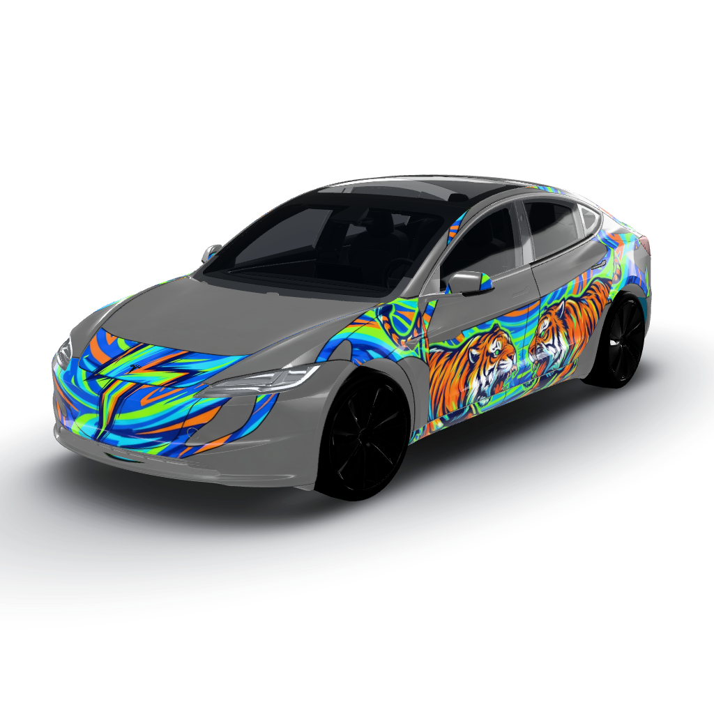 This vinyl wrap vibrant and energetic — a Model 3 (2024+) Standard & Premium wearing this AI wrap design