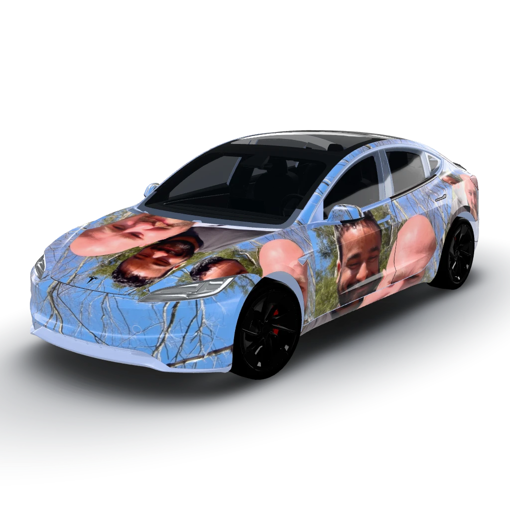 Use the uploaded picture exactly — a Model 3 (2024+) Performance wearing this AI wrap design