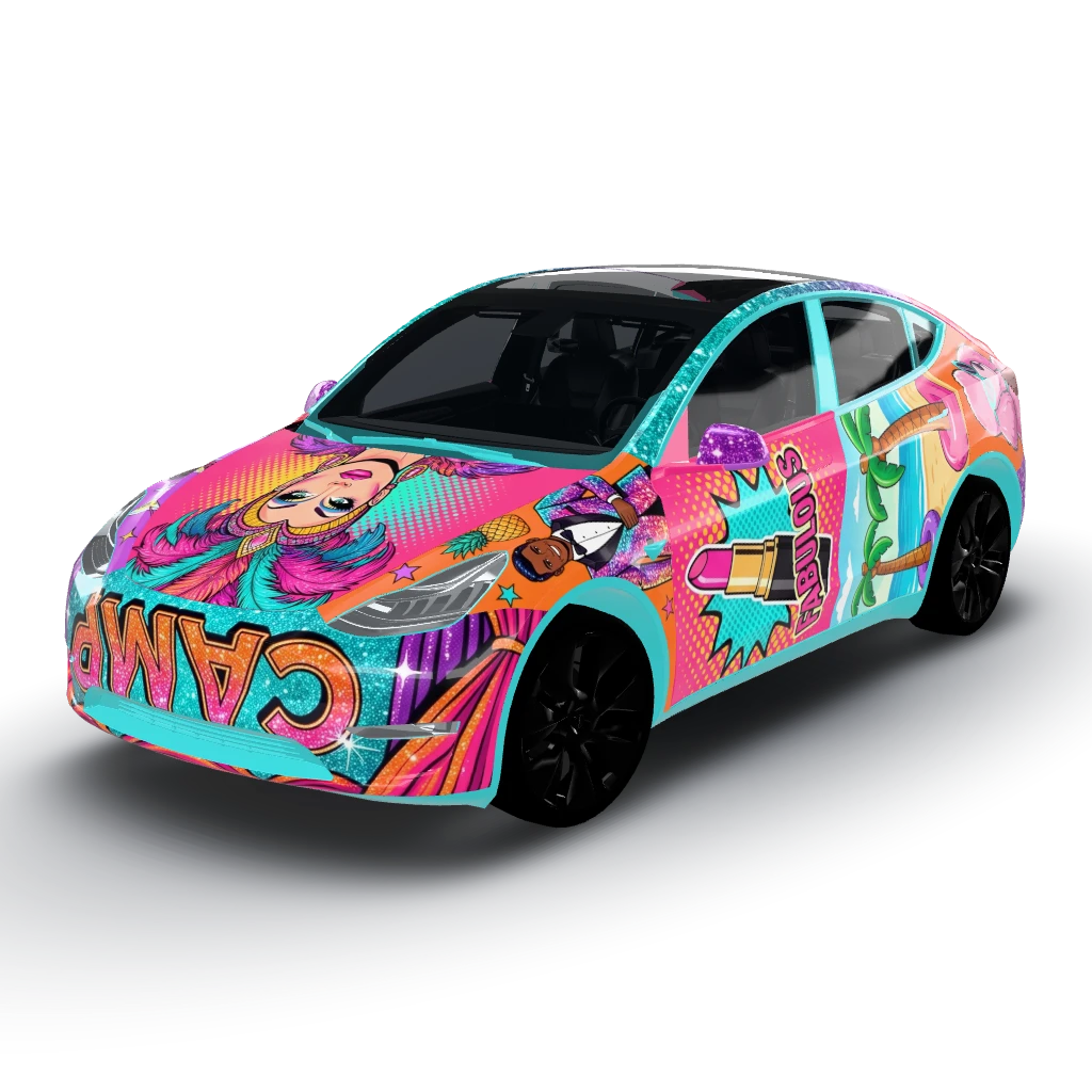 Camp — a Model Y wearing this AI wrap design