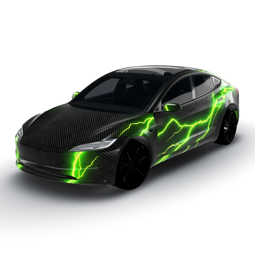 Ultra-detailed, highly realistic tight-mesh — a Model 3 (2024+) Standard & Premium wearing this AI wrap design