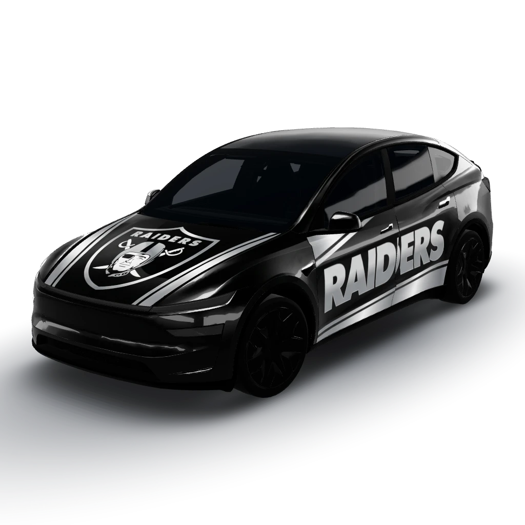 Glossy finish for the black and silver — a Model Y L wearing this AI wrap design
