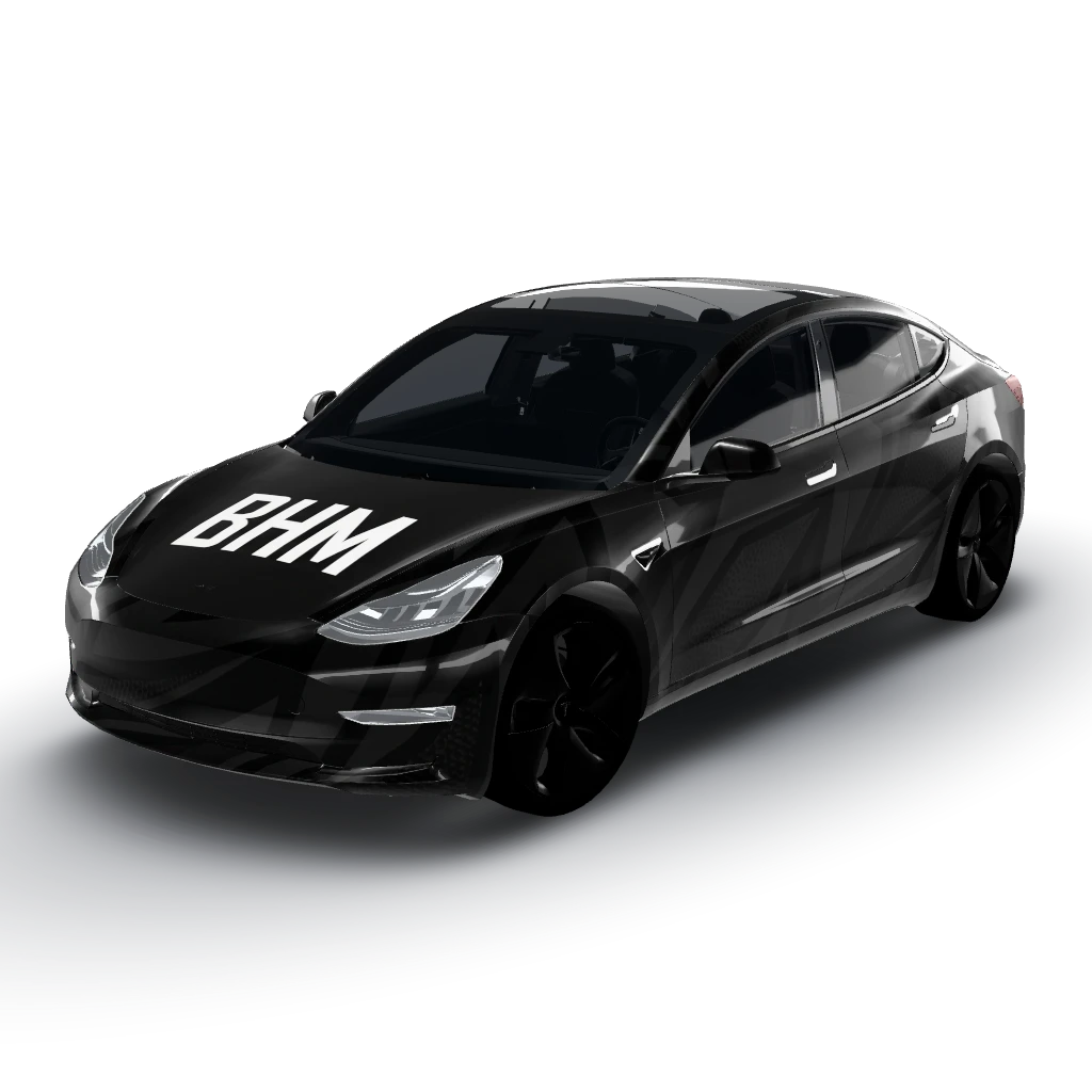 Bold white "BHM" letters centered — a Model 3 wearing this AI wrap design