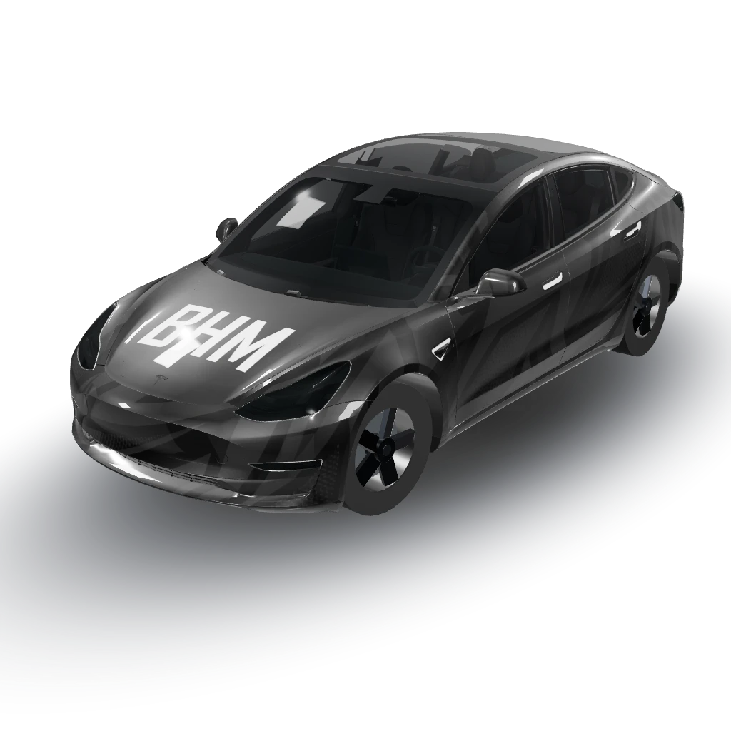 Hood: Bold white "BHM" letters centered — a Model 3 wearing this AI wrap design